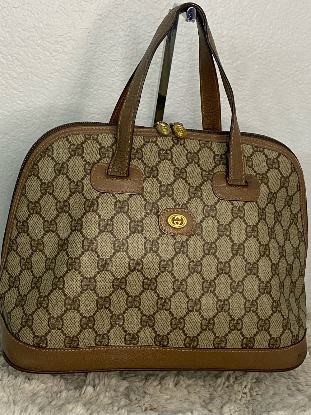 Gucci Tan & Beige GG Canvas Satchel with Gold Hardware